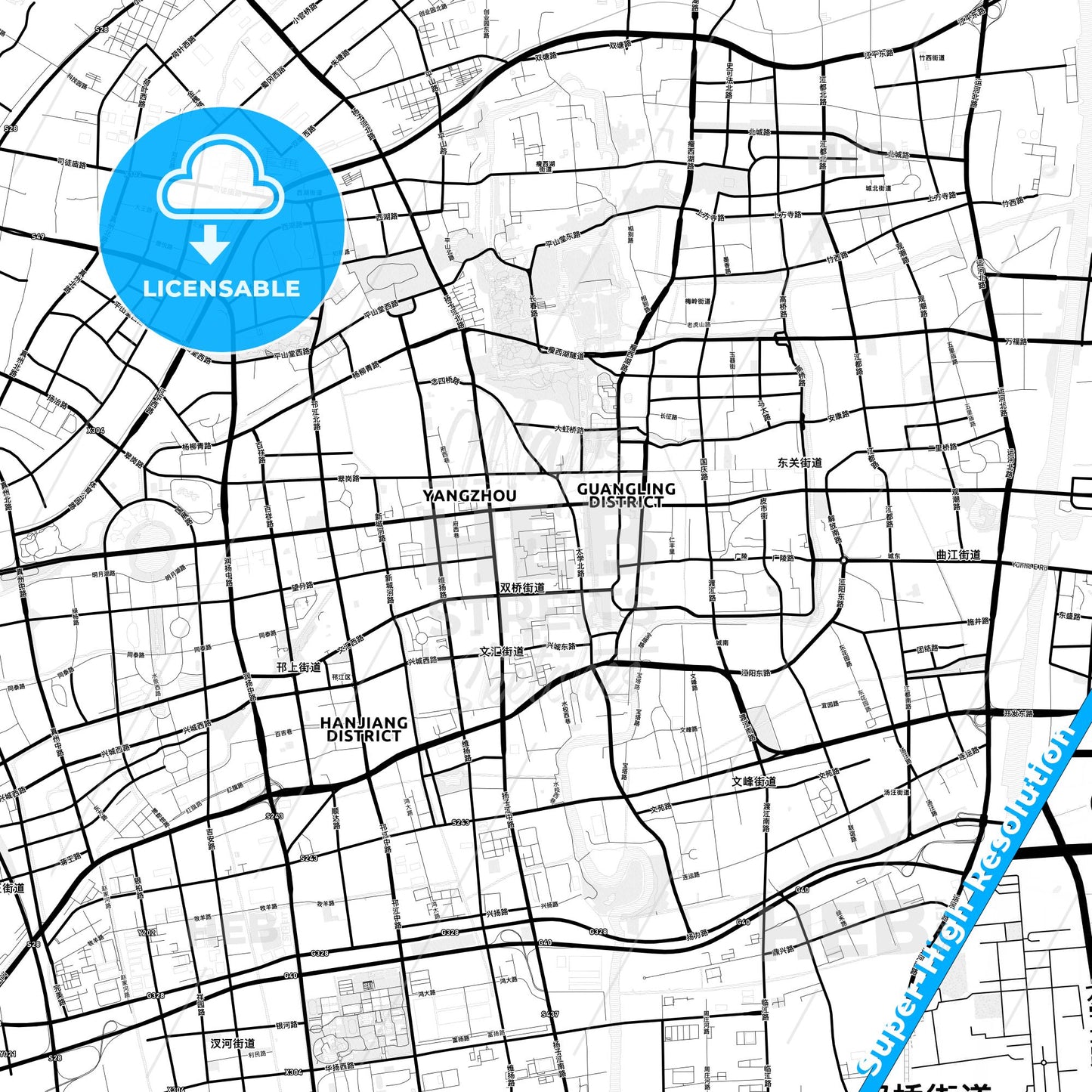 Yangzhou, China Light Map with Street Names, City Names, and Districts