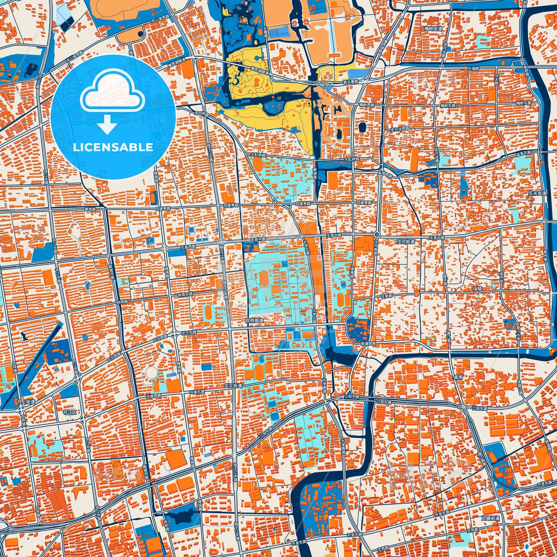 Colorful Yangzhou Street Map with Labels and Buildings