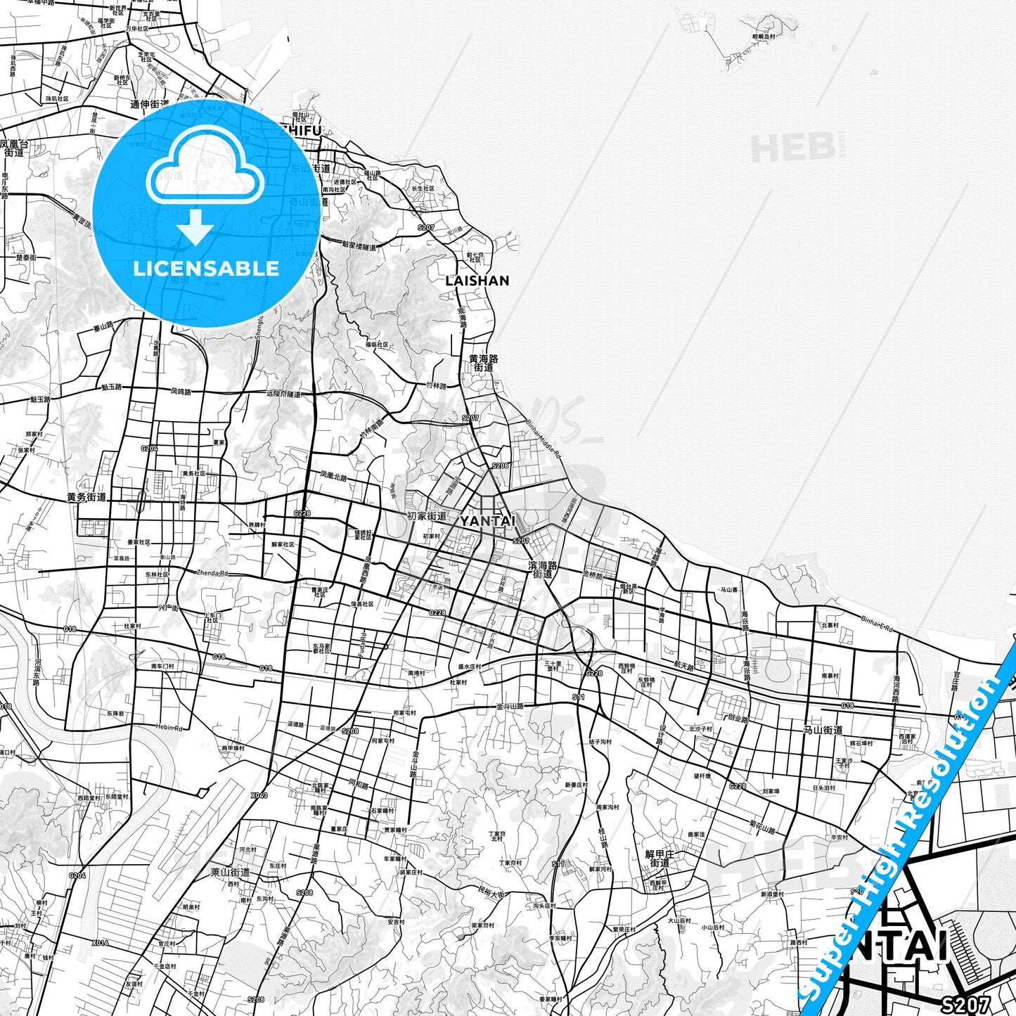 Yantai, China light map with streetnames, citynames and districts