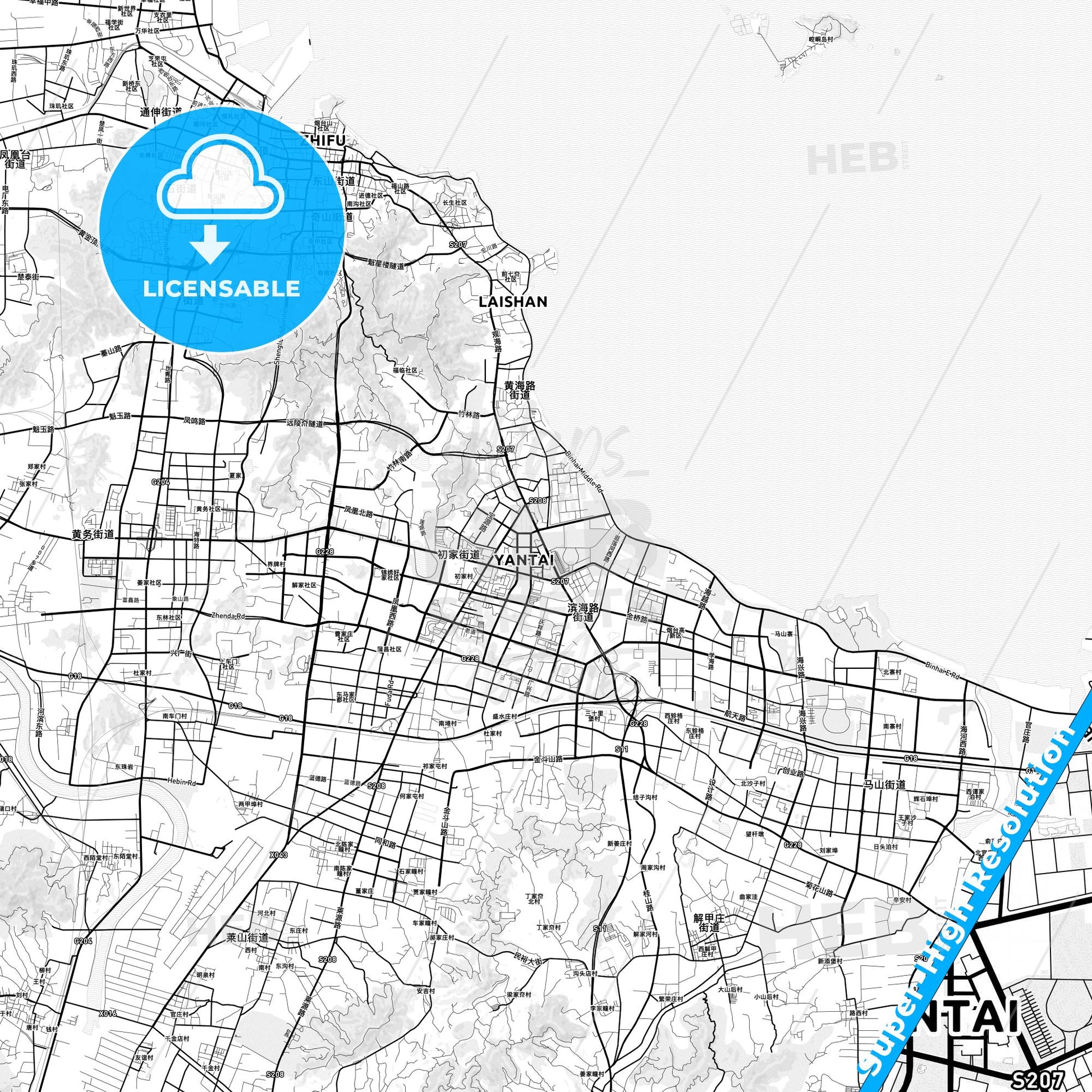 Yantai, China light map with streetnames, citynames and districts
