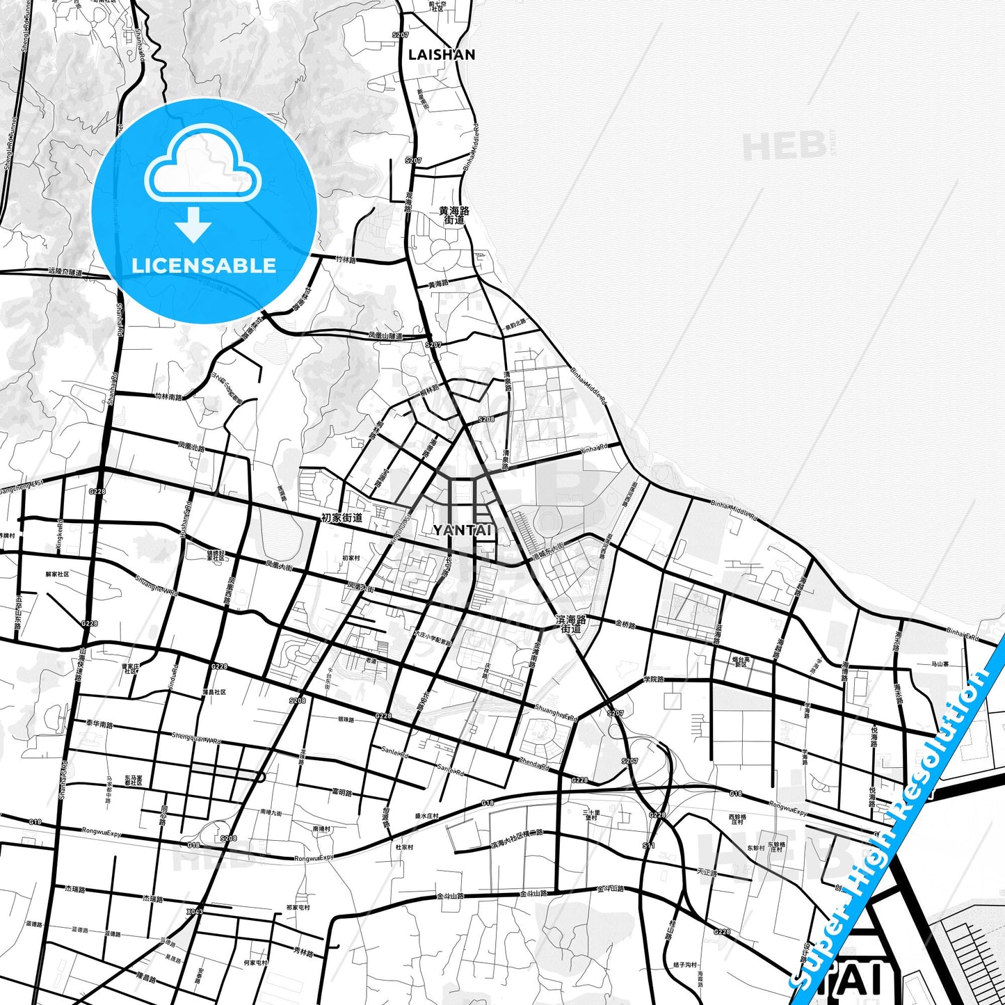 Yantai, China Light Map with Street Names, City Names, and Districts