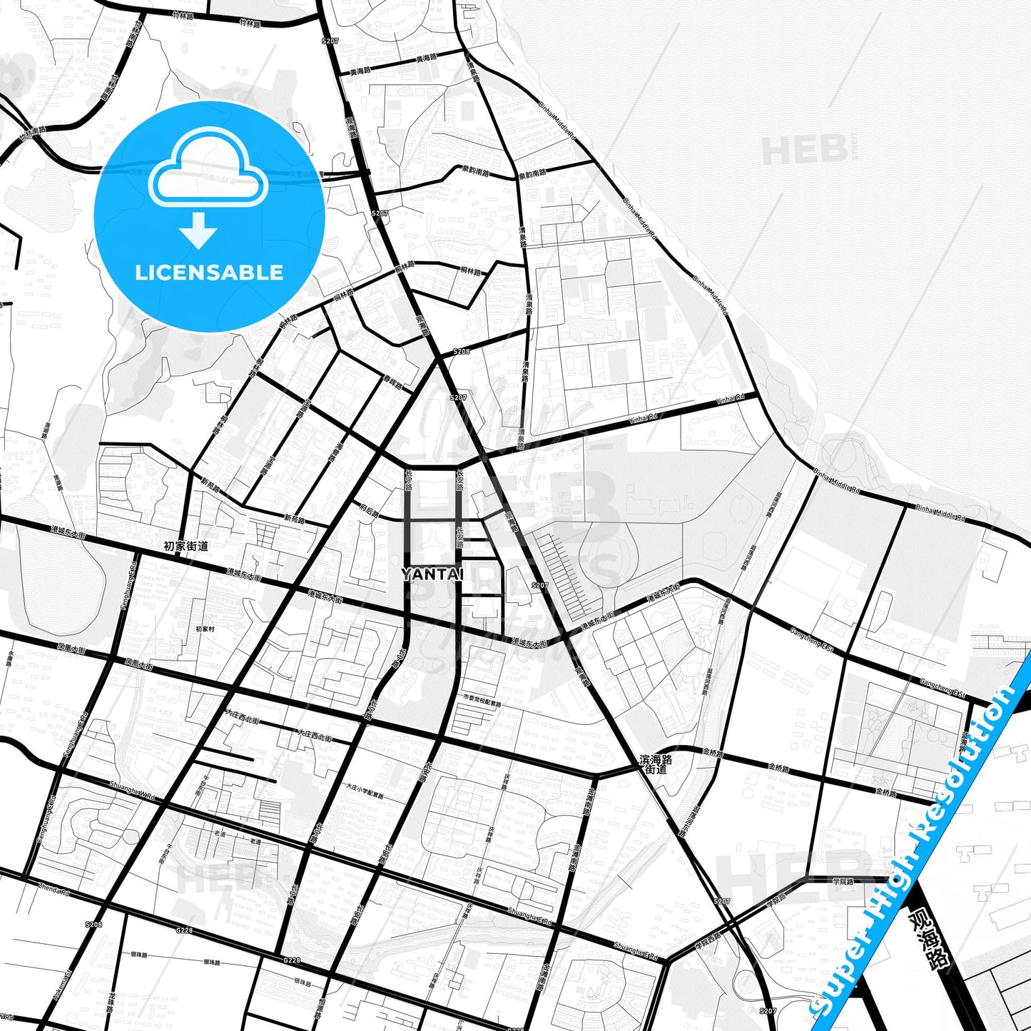 Yantai, China Light Map with Street Names, City Names, and Districts