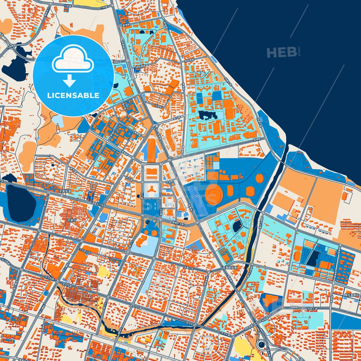 Colorful Yantai Street Map with Labels and Buildings