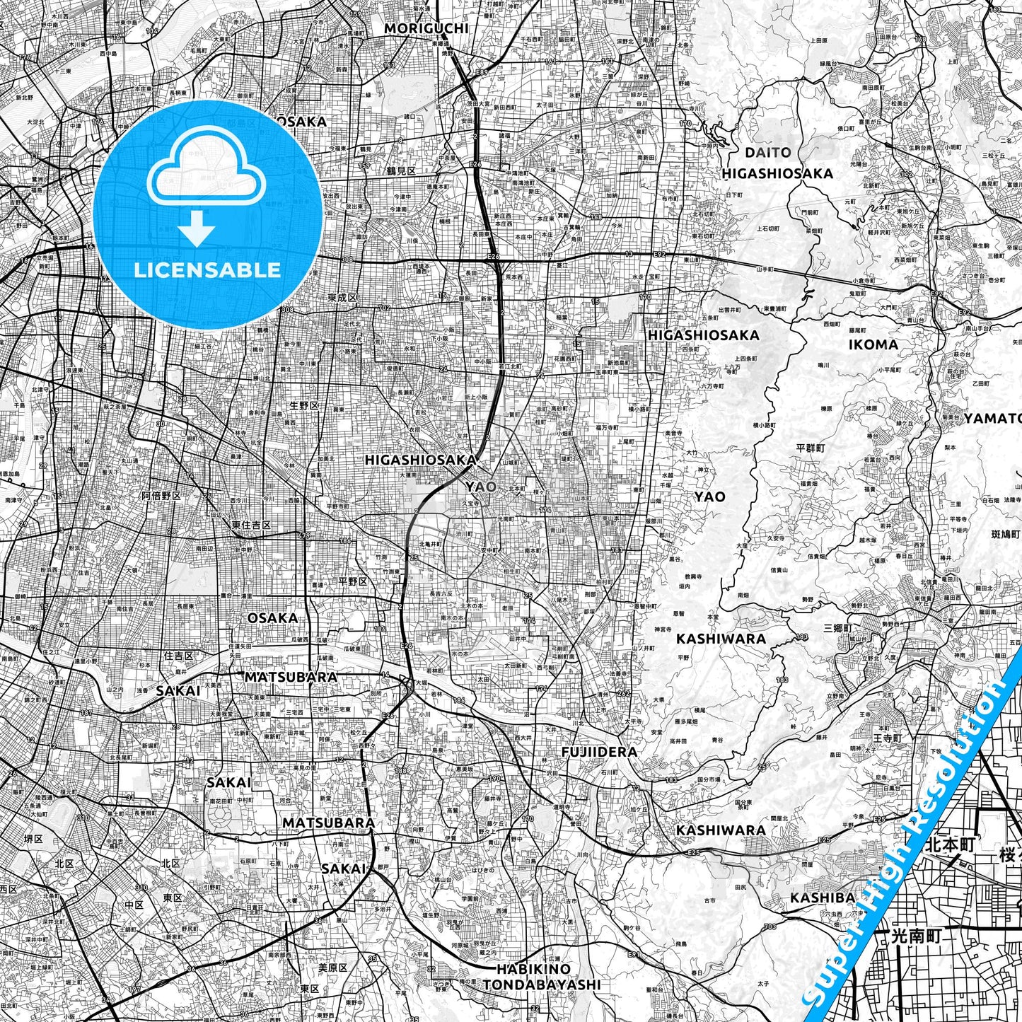 Yao, Japan light map with streetnames, citynames and districts