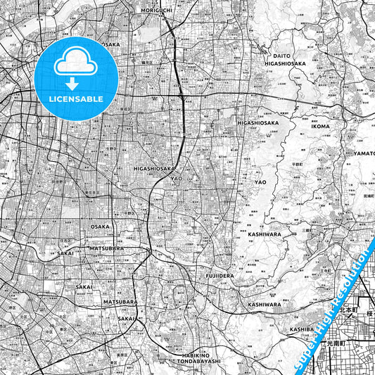 Yao, Japan light map with streetnames, citynames and districts