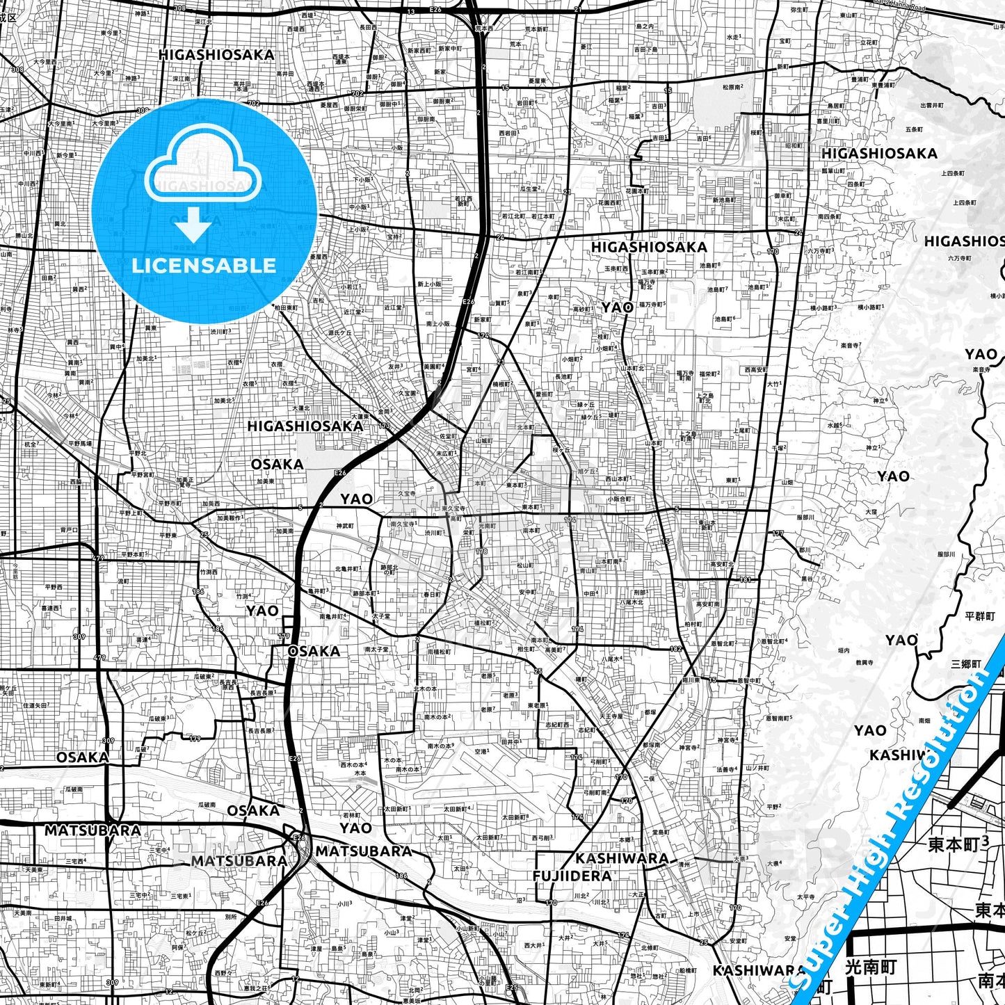 Yao, Japan Light Map with Street Names, City Names, and Districts