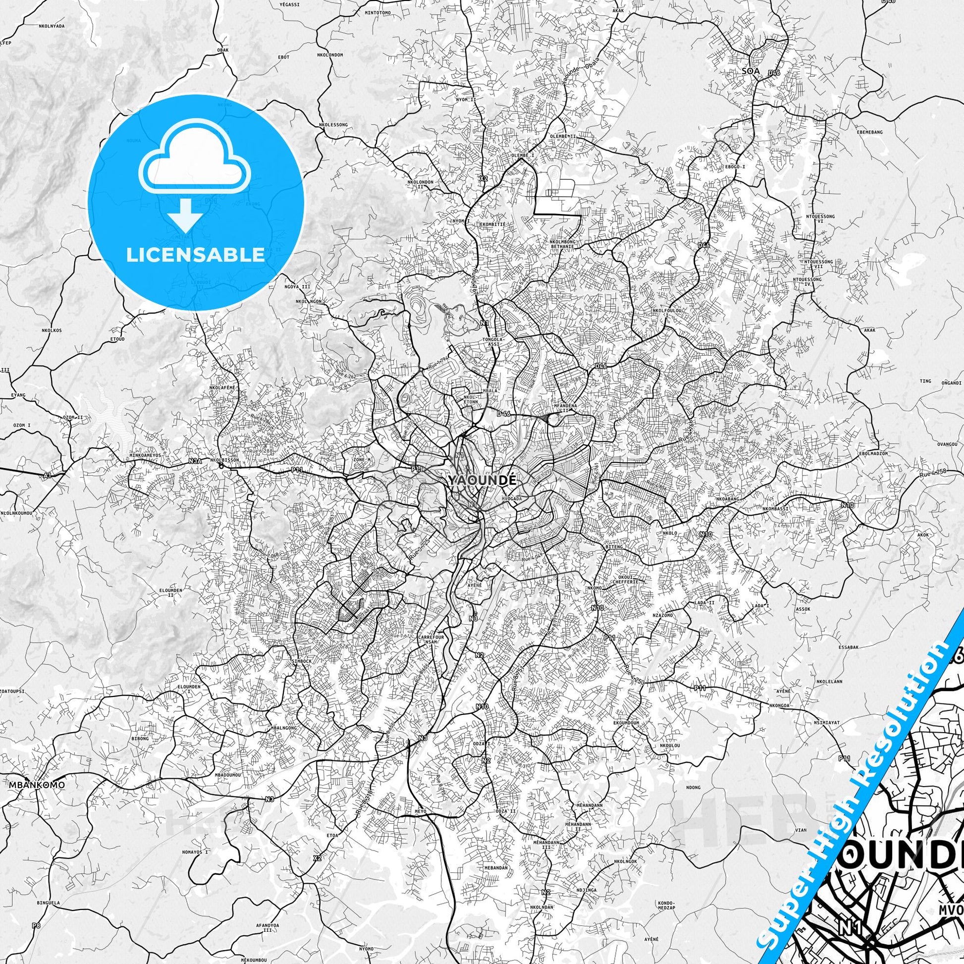Yaounde, Cameroon light map with streetnames, citynames and districts