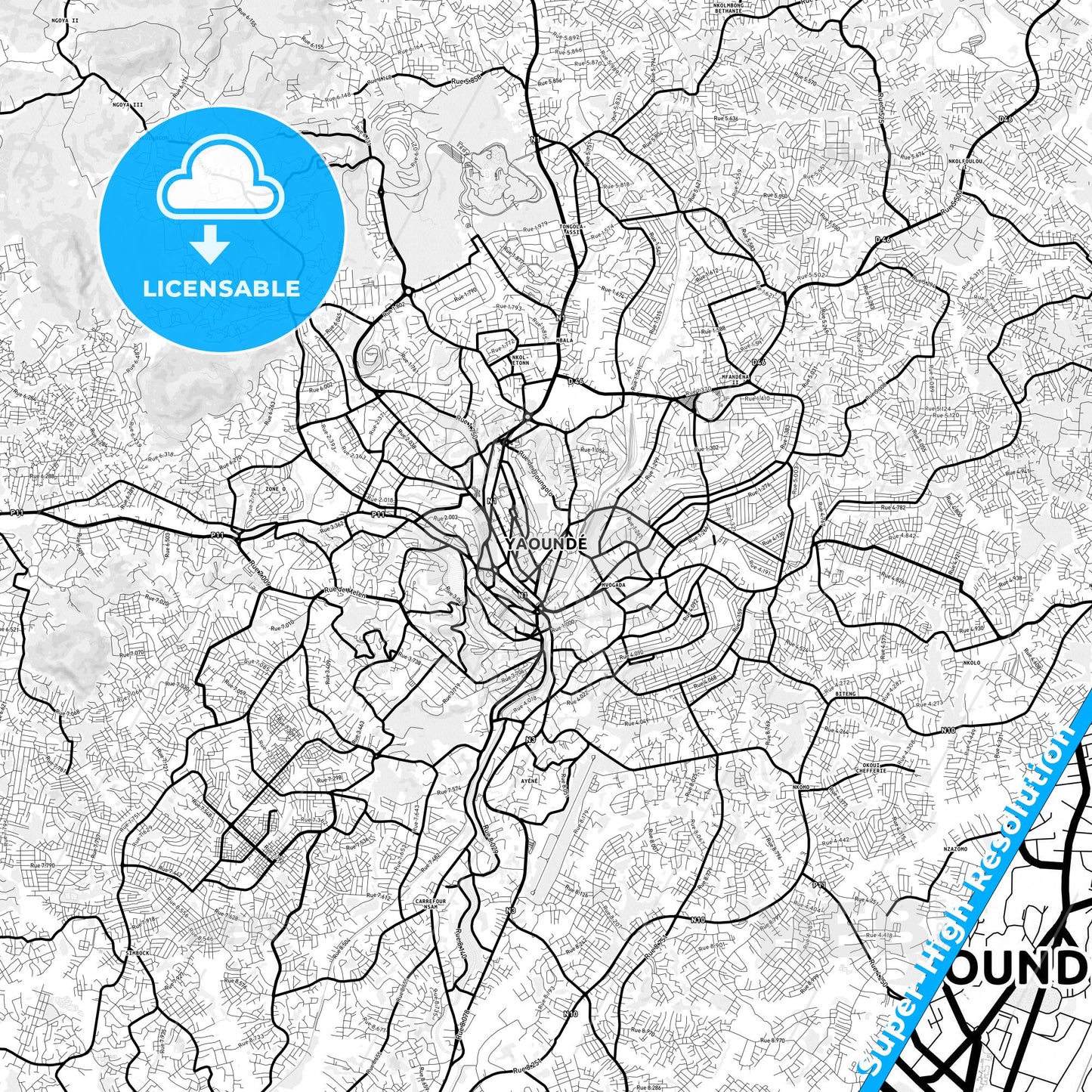 Yaounde, Cameroon Light Map with Street Names, City Names, and Districts