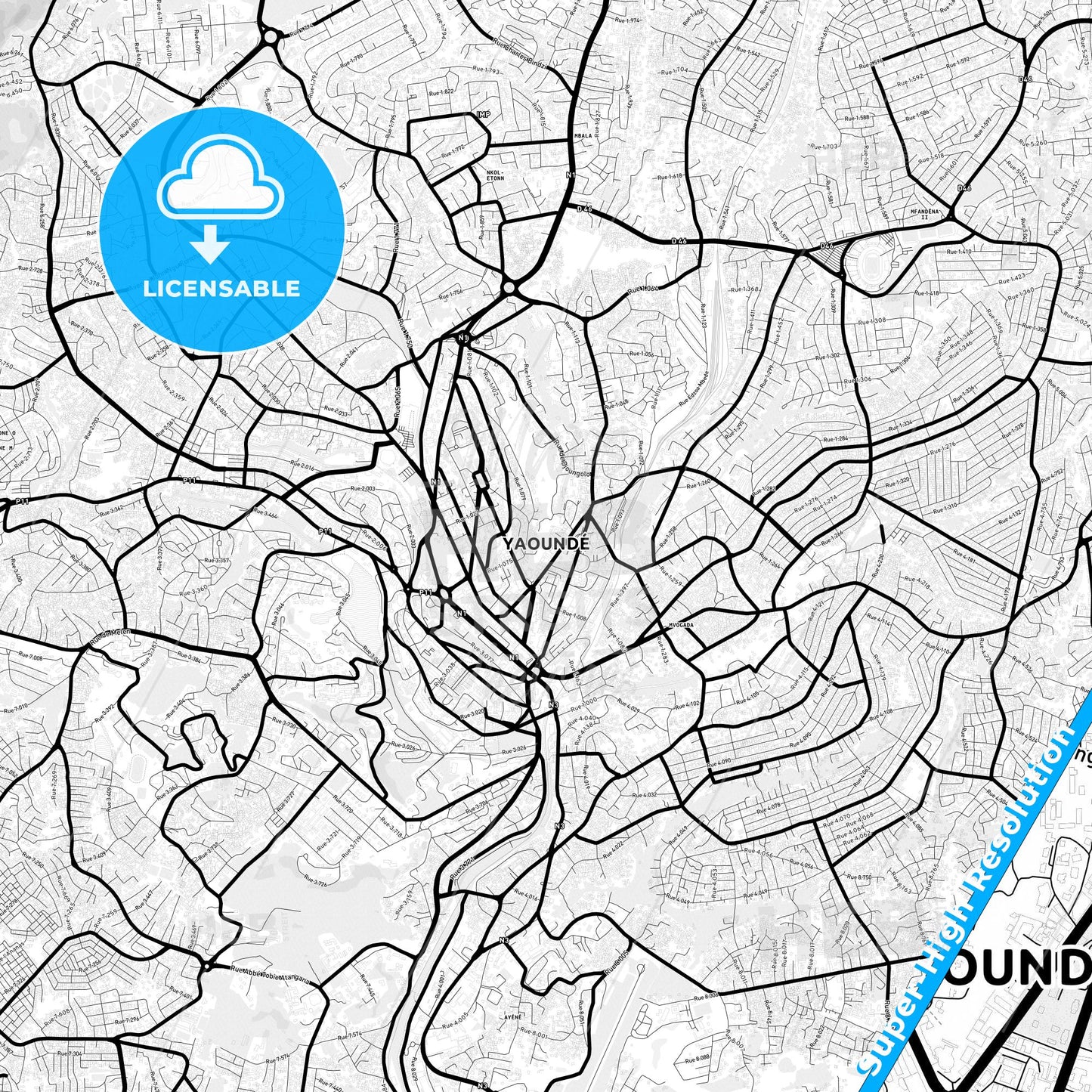Yaounde, Cameroon Light Map with Street Names, City Names, and Districts