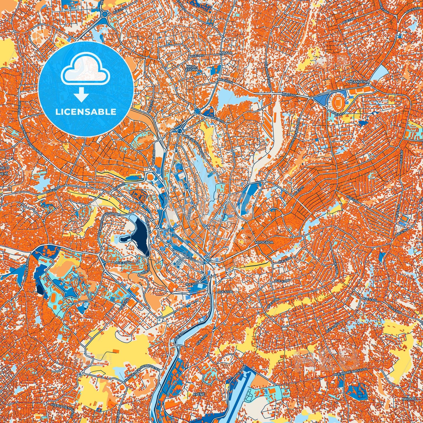 Colorful Yaounde Street Map with Labels and Buildings