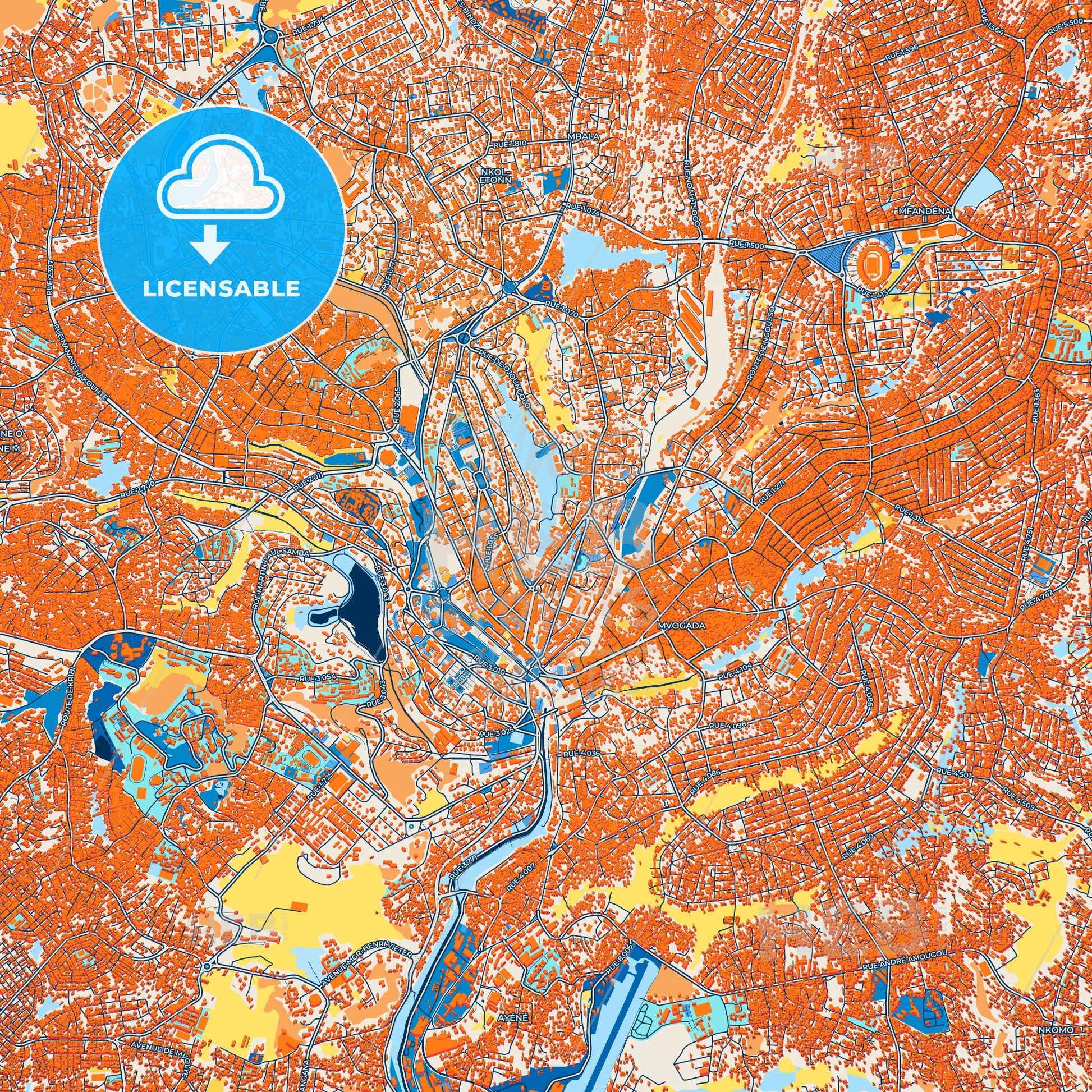 Colorful Yaounde Street Map with Labels and Buildings