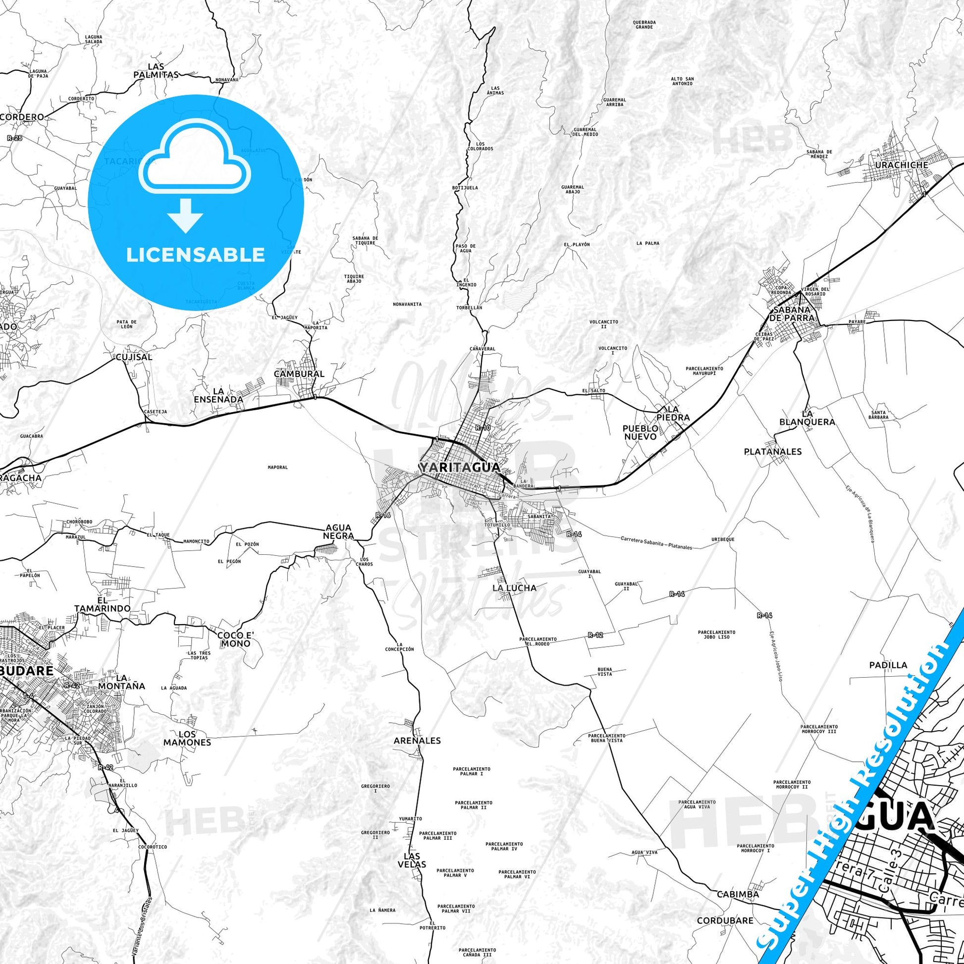 Yaritagua, Venezuela light map with streetnames, citynames and districts