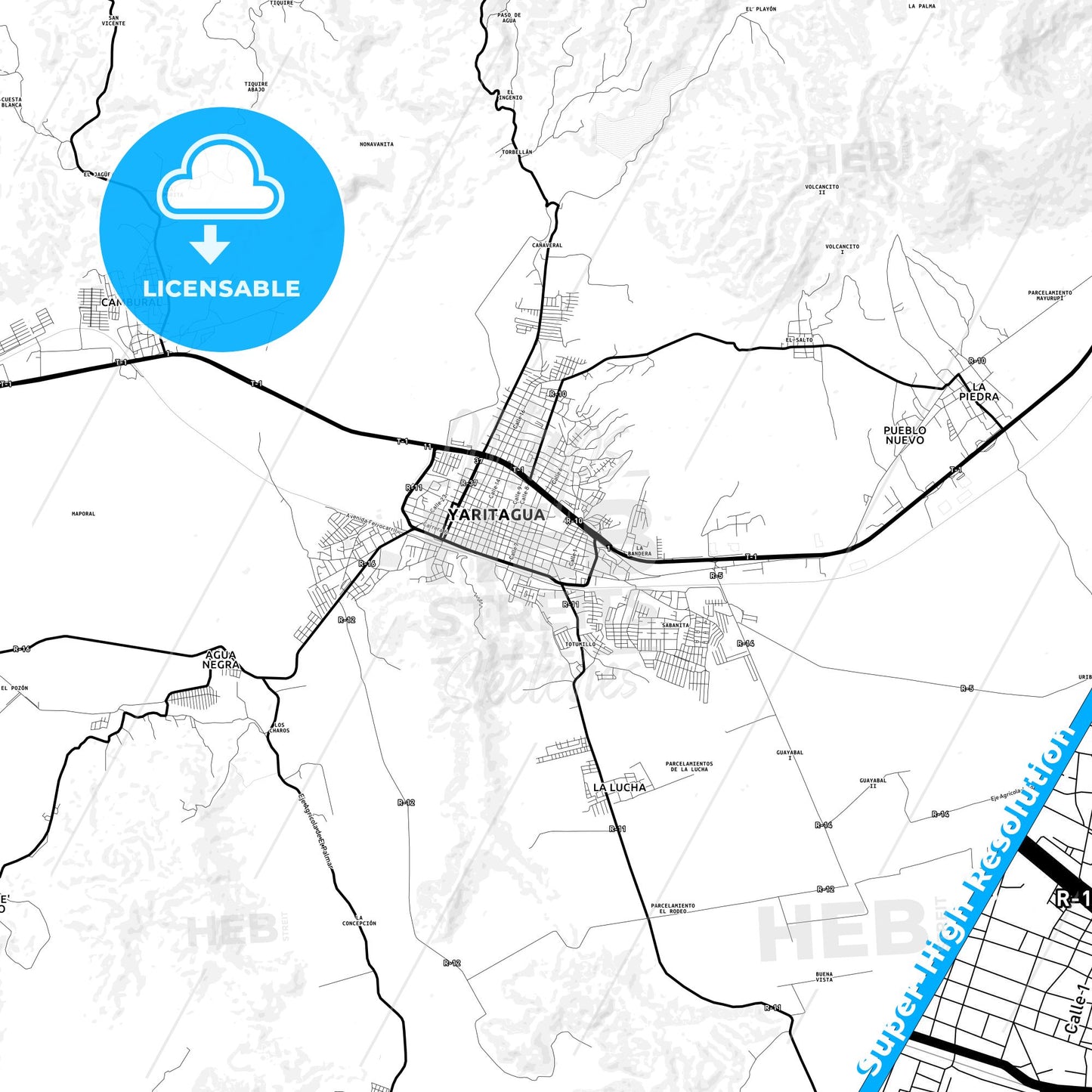 Yaritagua, Venezuela Light Map with Street Names, City Names, and Districts
