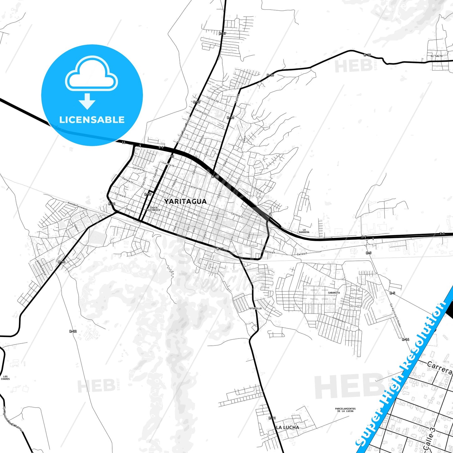 Yaritagua, Venezuela Light Map with Street Names, City Names, and Districts