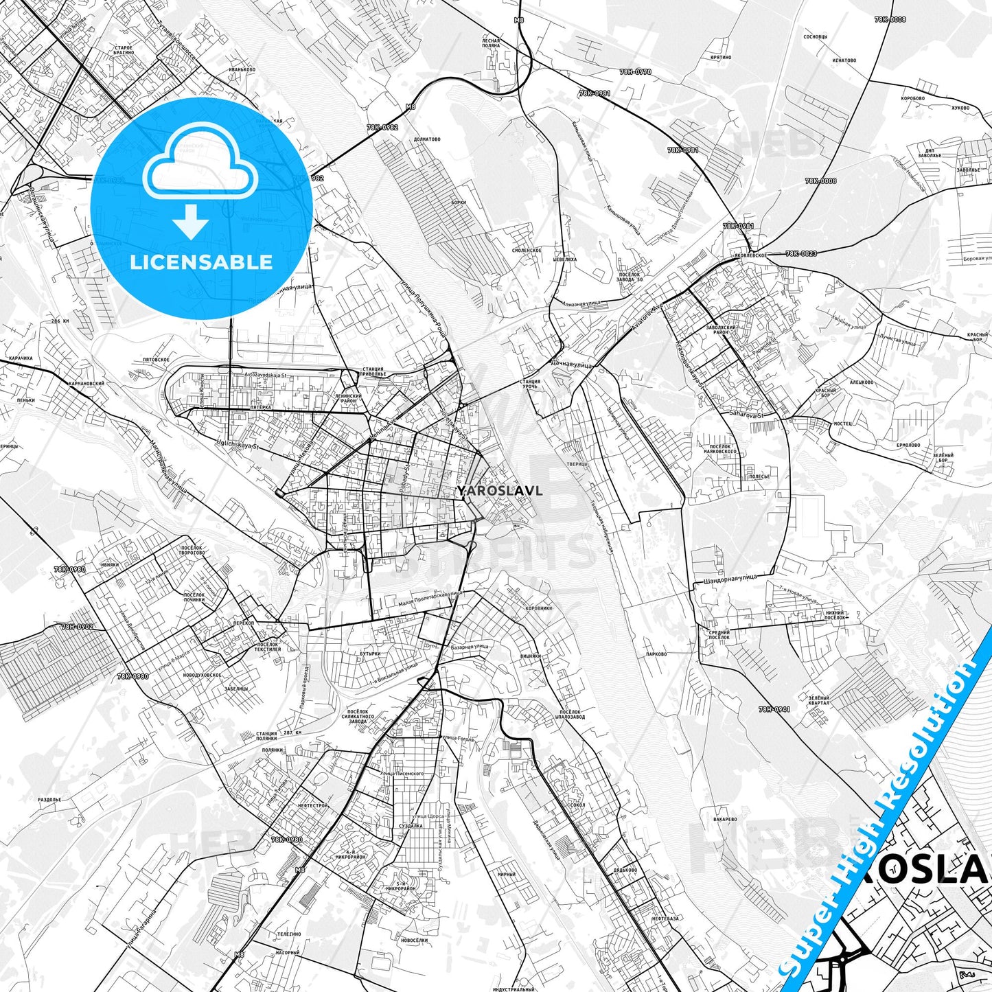 Yaroslavl, Russia light map with streetnames, citynames and districts