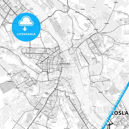 Yaroslavl, Russia light map with streetnames, citynames and districts