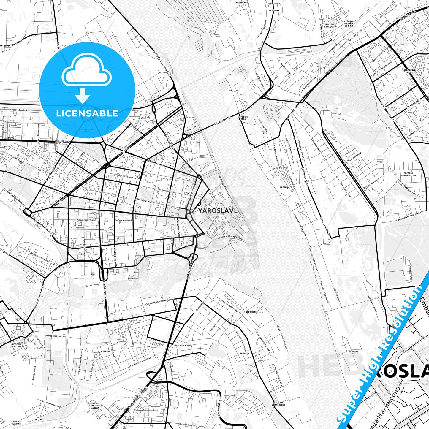 Yaroslavl, Russia Light Map with Street Names, City Names, and Districts
