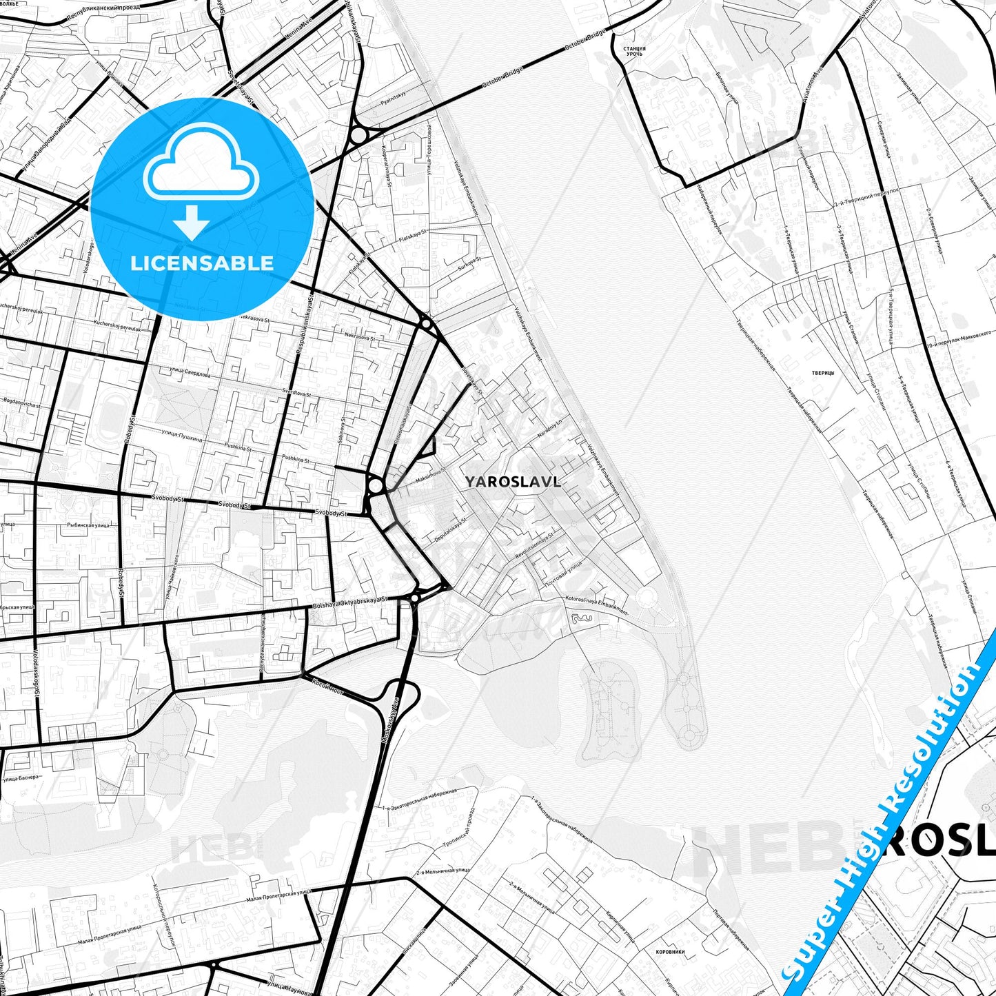 Yaroslavl, Russia Light Map with Street Names, City Names, and Districts