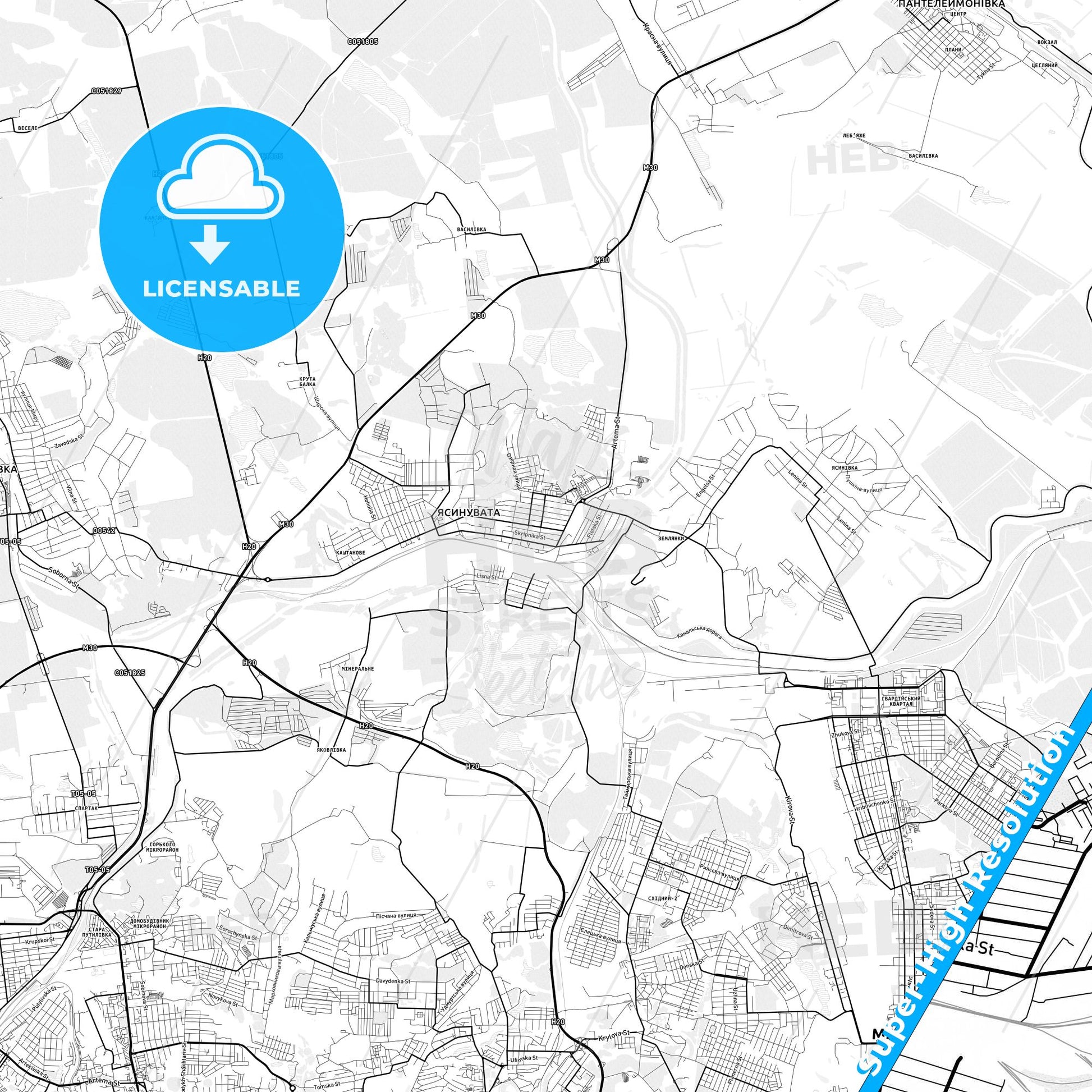 Yasynuvata, Ukraine light map with streetnames, citynames and districts