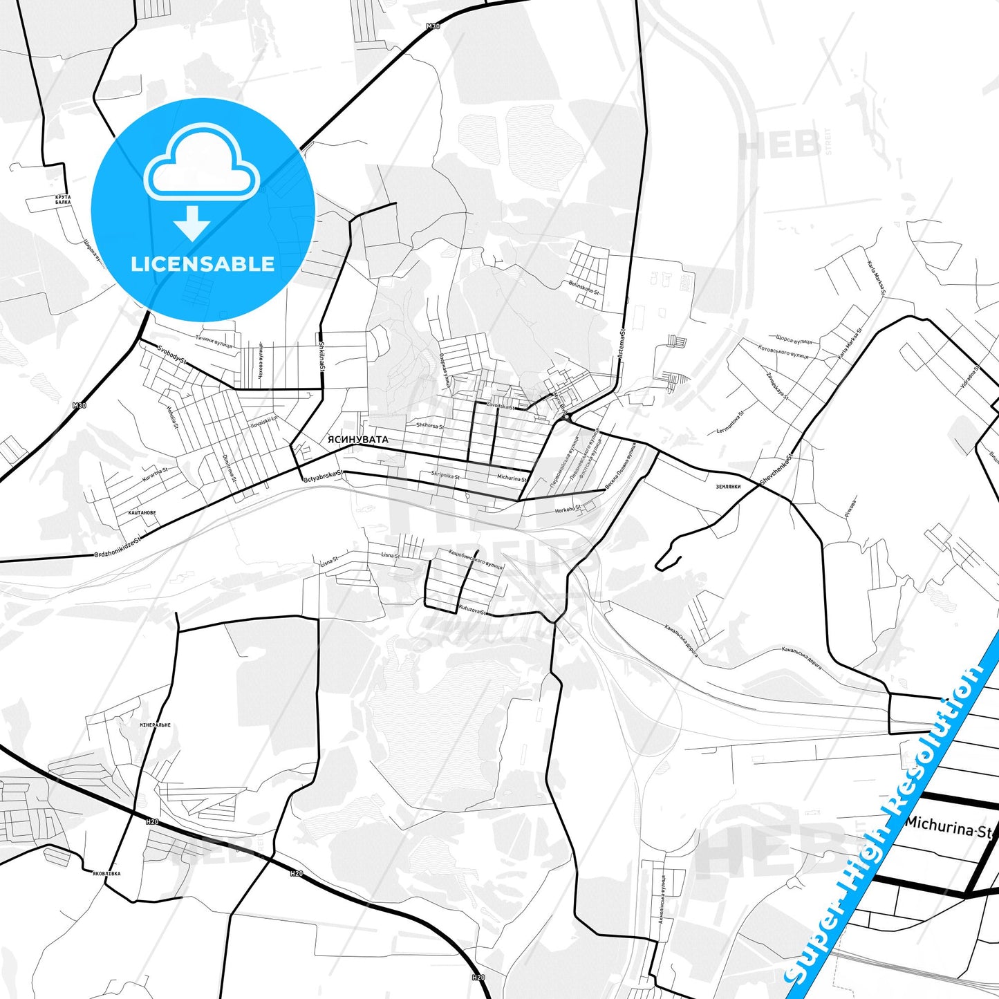 Yasynuvata, Ukraine Light Map with Street Names, City Names, and Districts