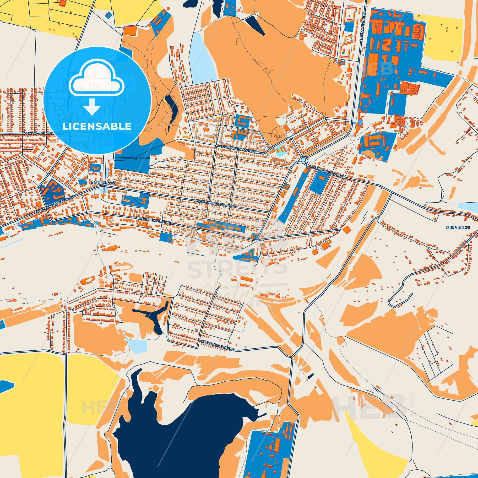 Colorful Yasynuvata Street Map With Labels And Buildings – HEBSTREITS