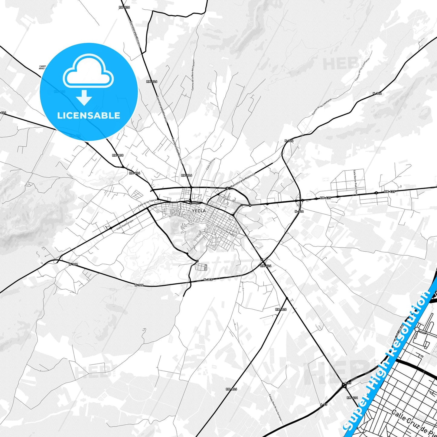 Yecla, Spain Light Map with Street Names, City Names, and Districts