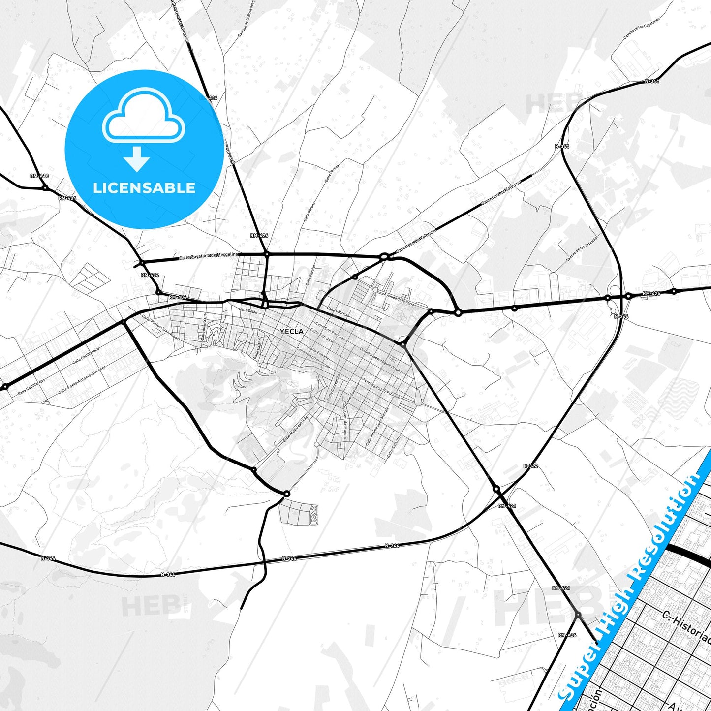 Yecla, Spain Light Map with Street Names, City Names, and Districts