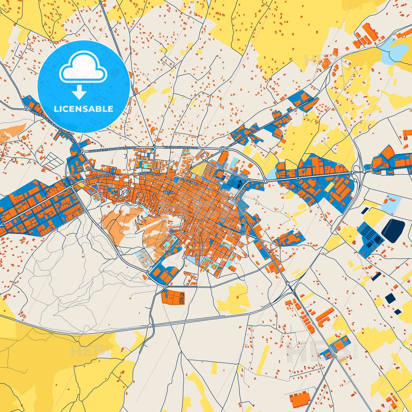 Colorful Yecla Street Map with Labels and Buildings