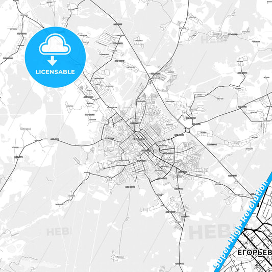 Yegoryevsk, Russia light map with streetnames, citynames and districts