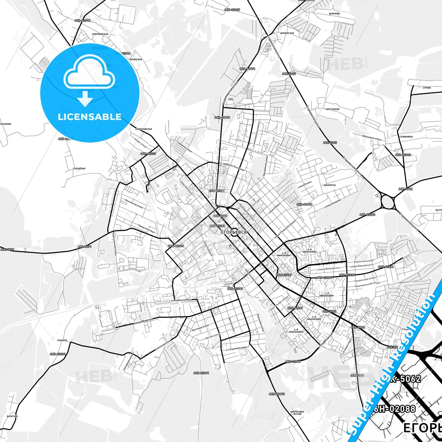 Yegoryevsk, Russia Light Map with Street Names, City Names, and Districts