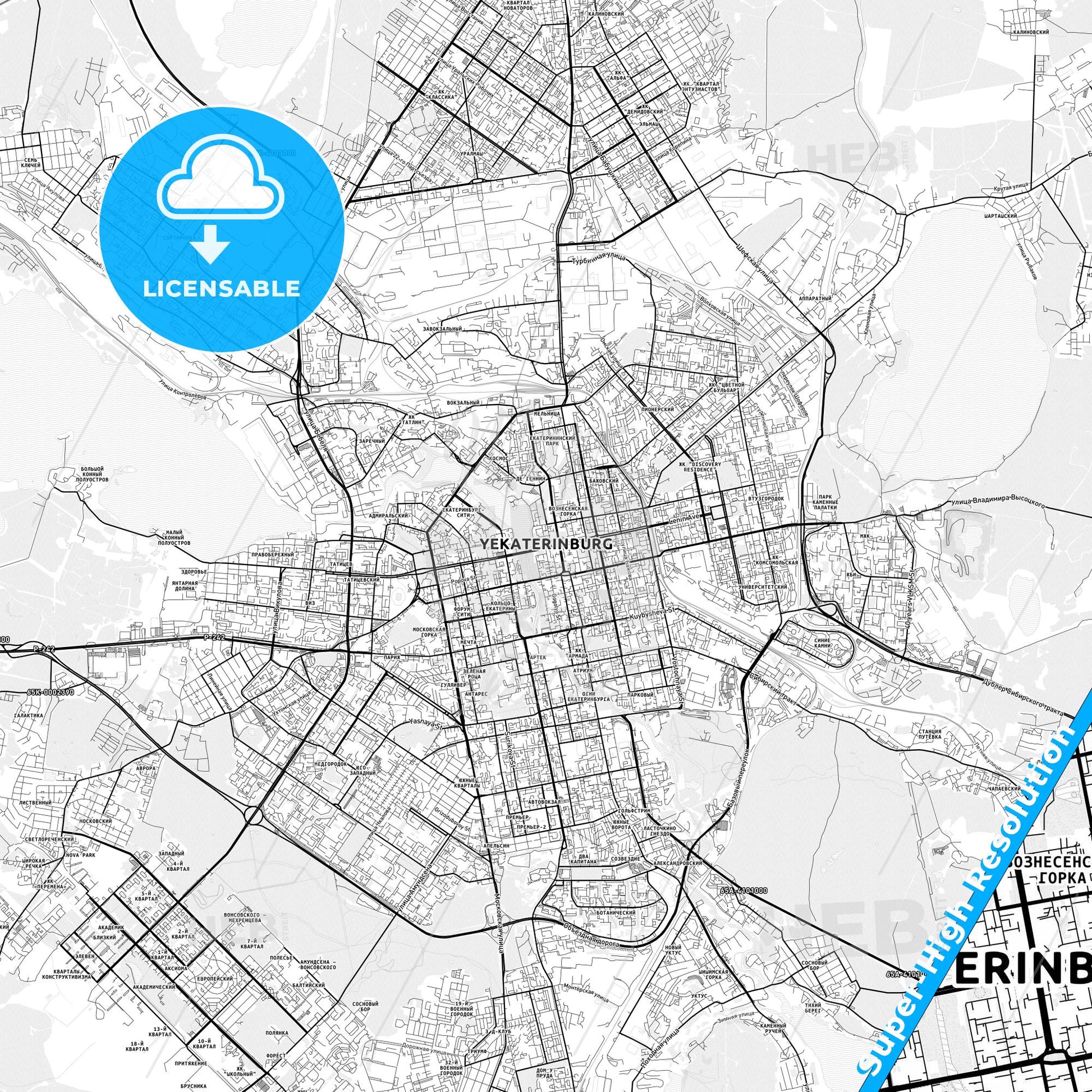 Yekaterinburg, Russia light map with streetnames, citynames and districts