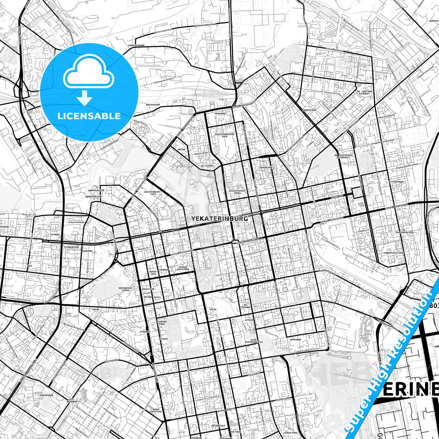 Yekaterinburg, Russia Light Map with Street Names, City Names, and Districts