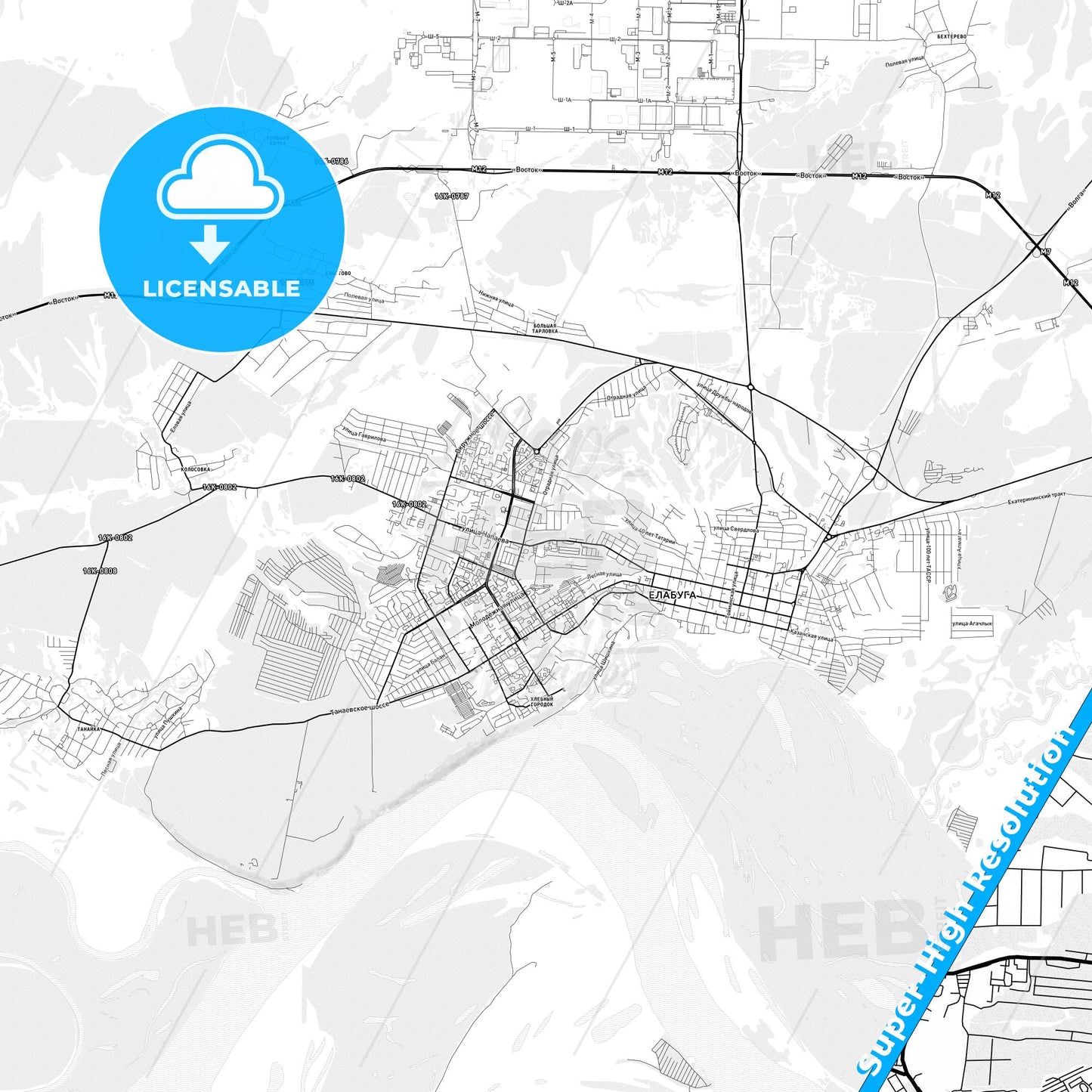 Yelabuga, Russia light map with streetnames, citynames and districts