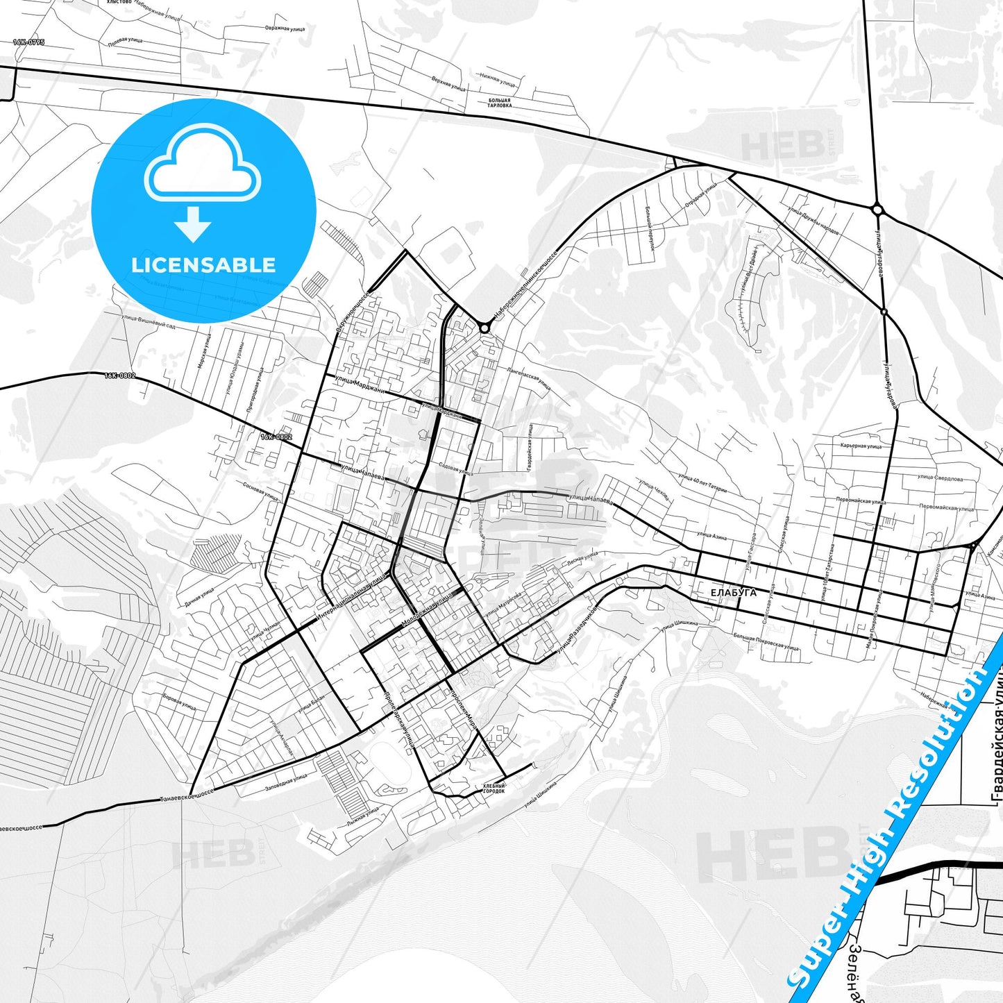 Yelabuga, Russia Light Map with Street Names, City Names, and Districts