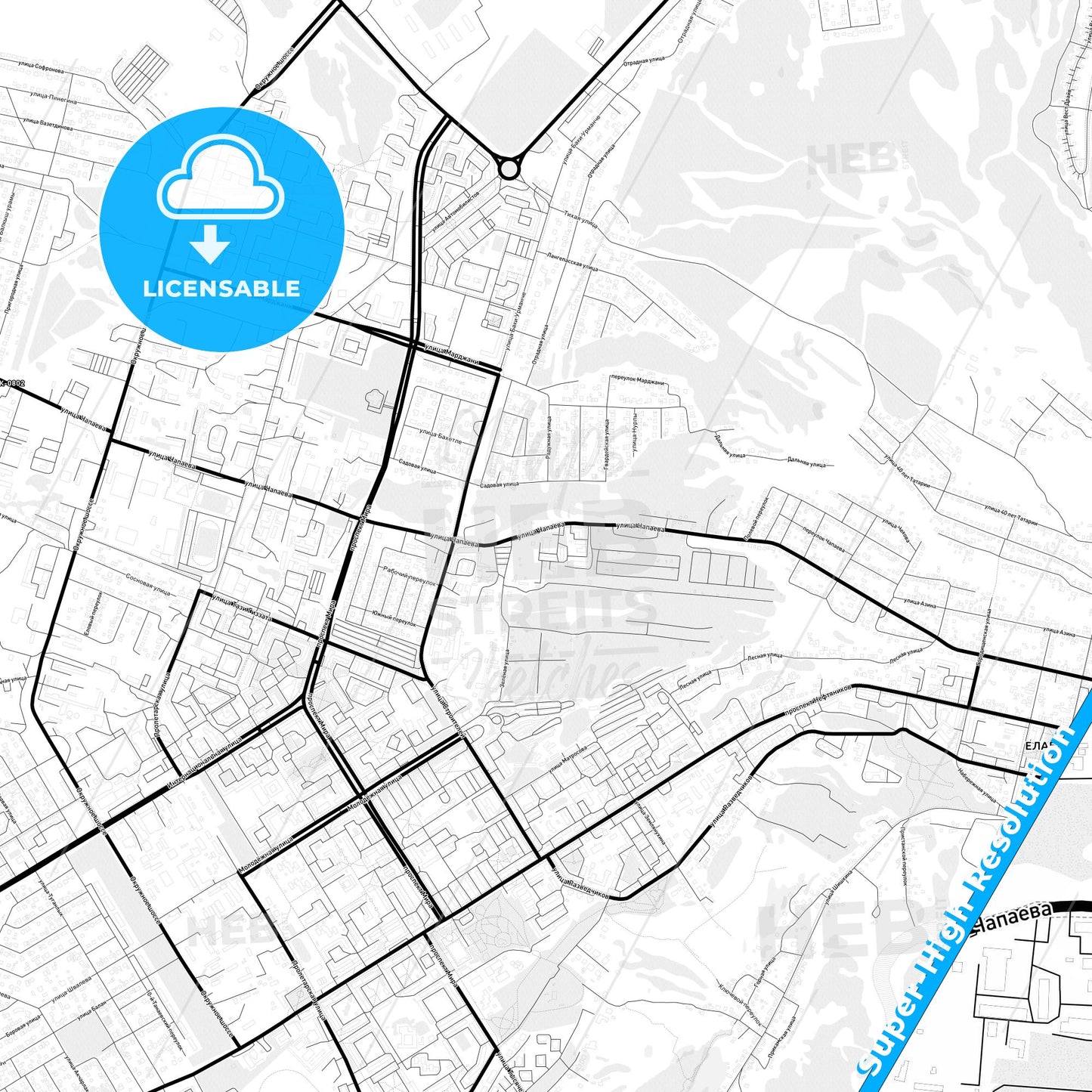 Yelabuga, Russia Light Map with Street Names, City Names, and Districts