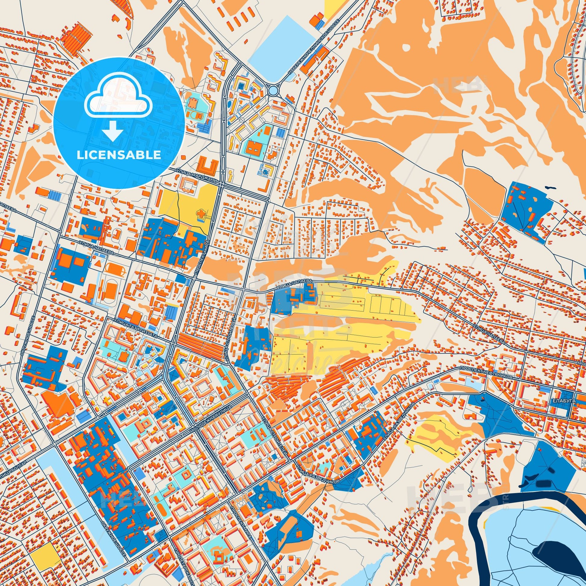 Colorful Yelabuga Street Map with Labels and Buildings
