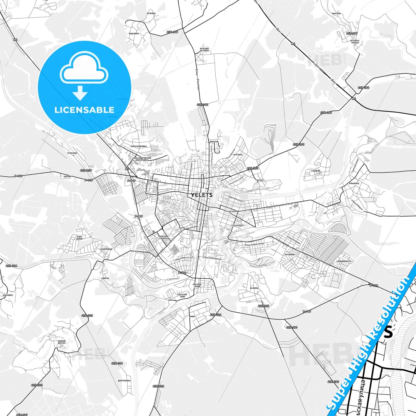 Yelets, Russia light map with streetnames, citynames and districts