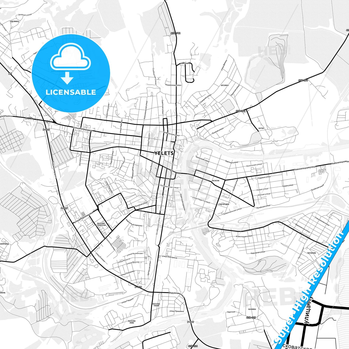 Yelets, Russia Light Map with Street Names, City Names, and Districts
