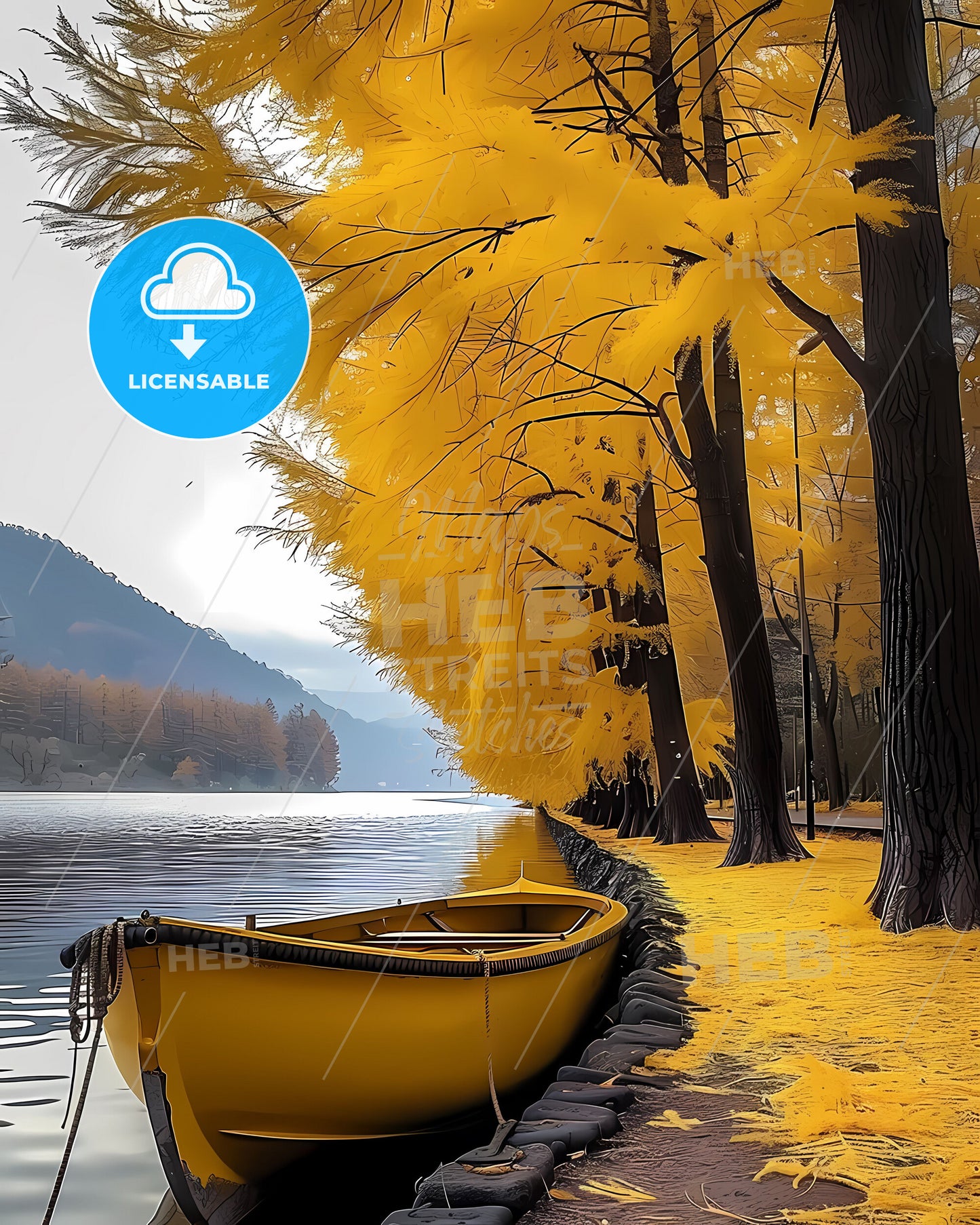Vivid Autumn Landscape Painting: Boat on Lakeside under Bright Sunshine