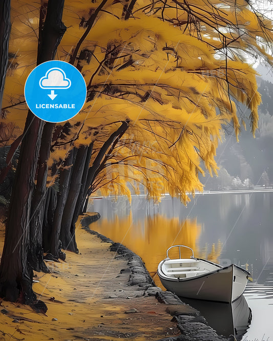 Impressionist Painting of Vivid Yellow Autumn Lakeside Path and Boat in Bright Sunshine