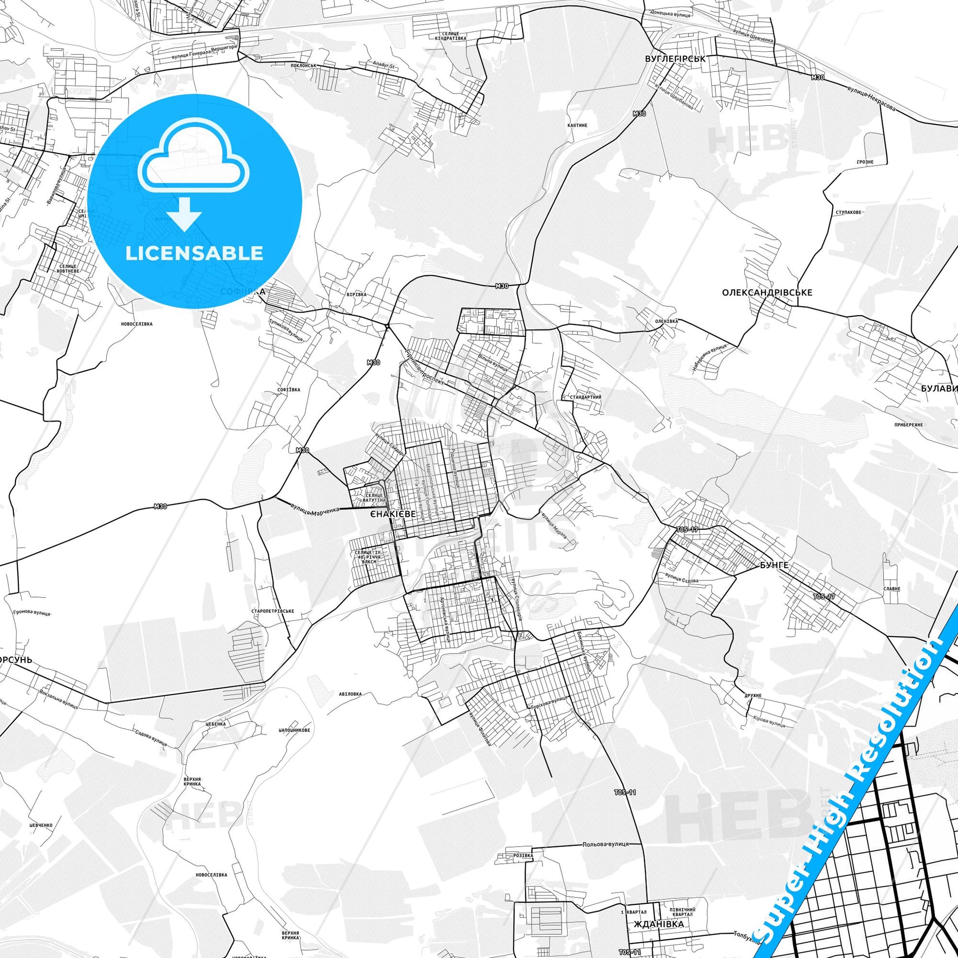 Yenakiieve, Ukraine light map with streetnames, citynames and districts