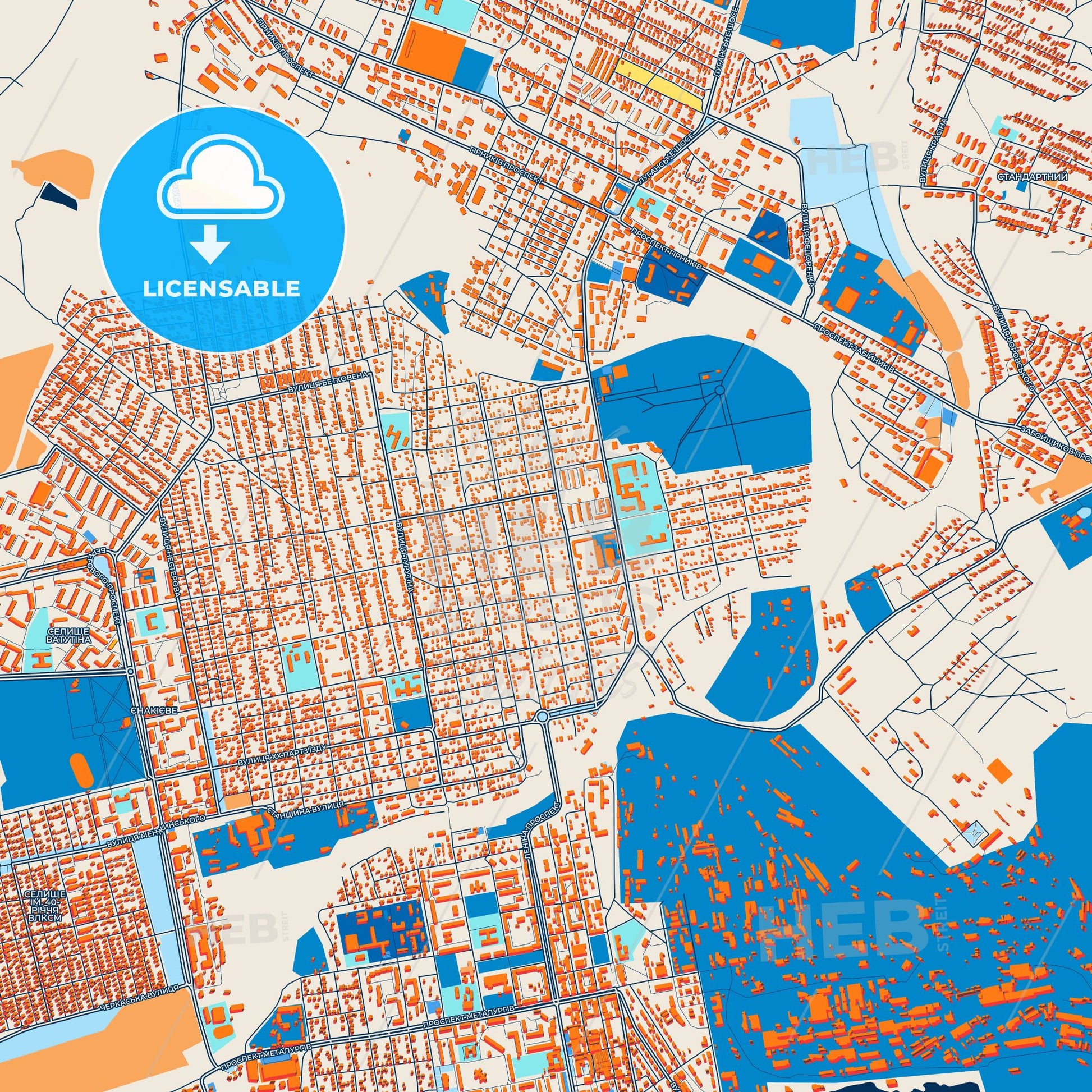 Colorful Yenakiieve Street Map with Labels and Buildings