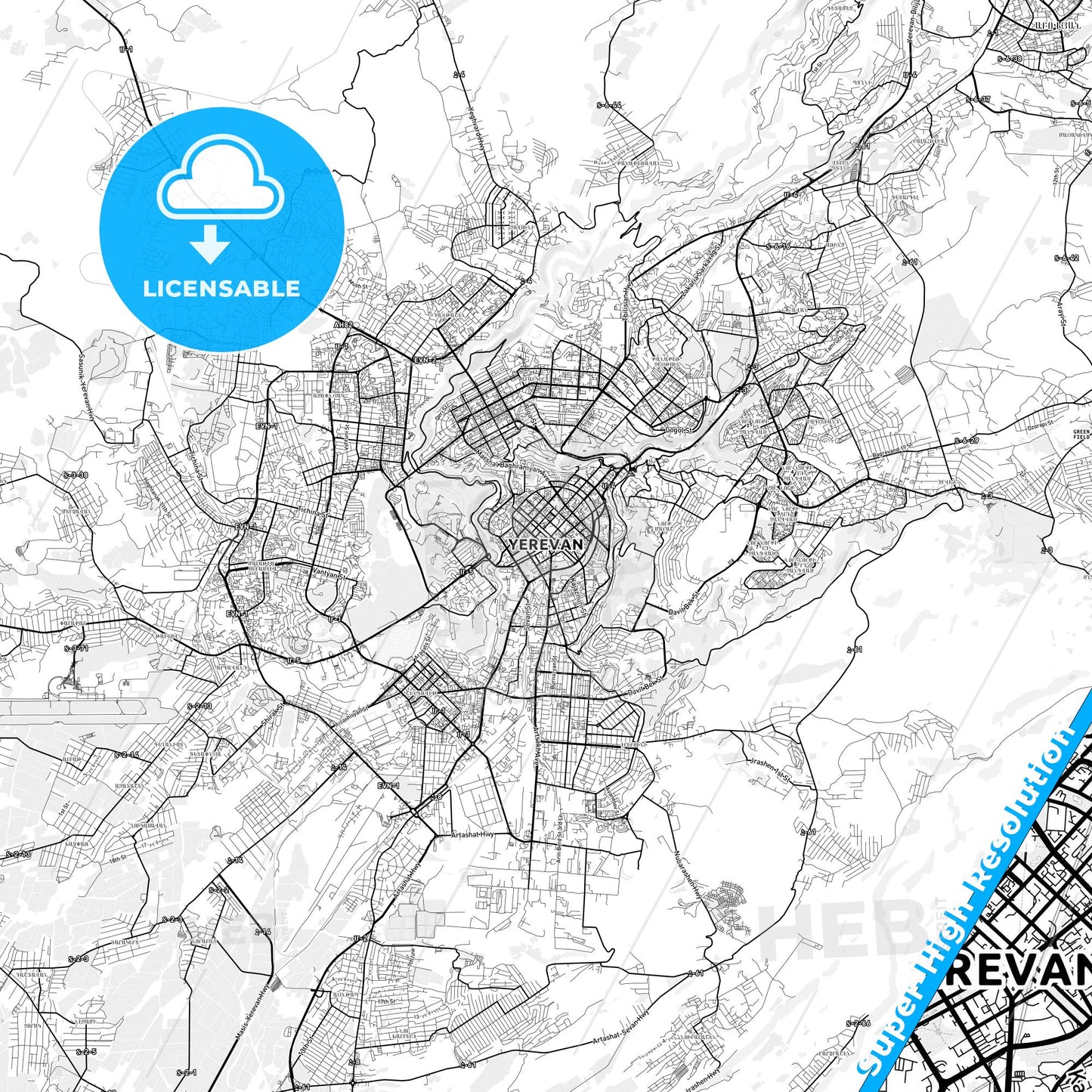 Yerevan, Armenia light map with streetnames, citynames and districts