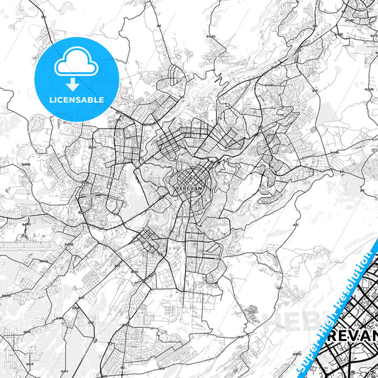 Yerevan, Armenia light map with streetnames, citynames and districts