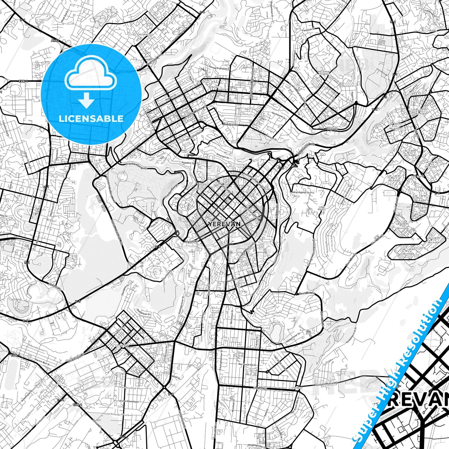 Yerevan, Armenia Light Map with Street Names, City Names, and Districts