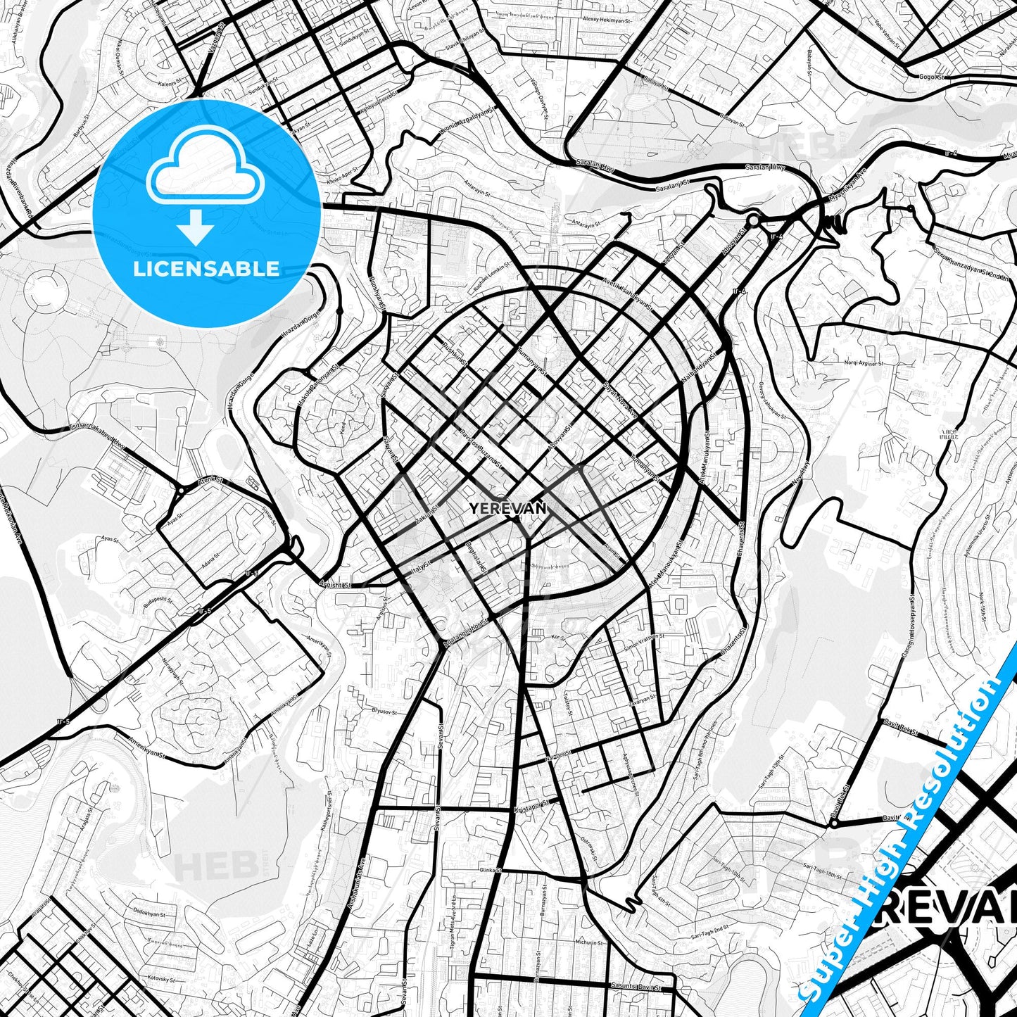 Yerevan, Armenia Light Map with Street Names, City Names, and Districts