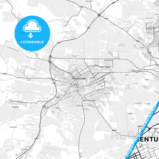 Yessentuki, Russia light map with streetnames, citynames and districts