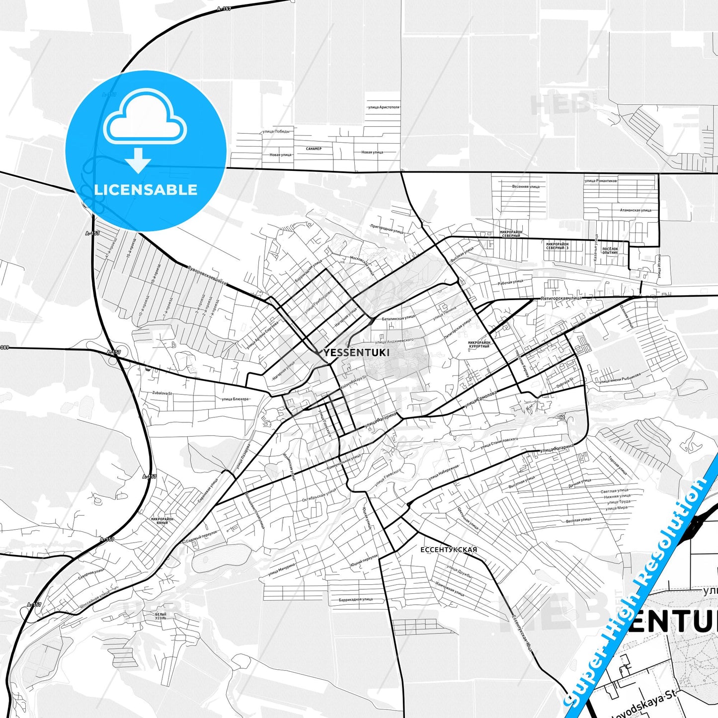 Yessentuki, Russia Light Map with Street Names, City Names, and Districts