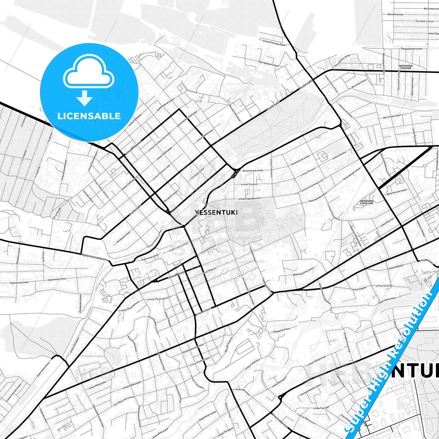 Yessentuki, Russia Light Map with Street Names, City Names, and Districts