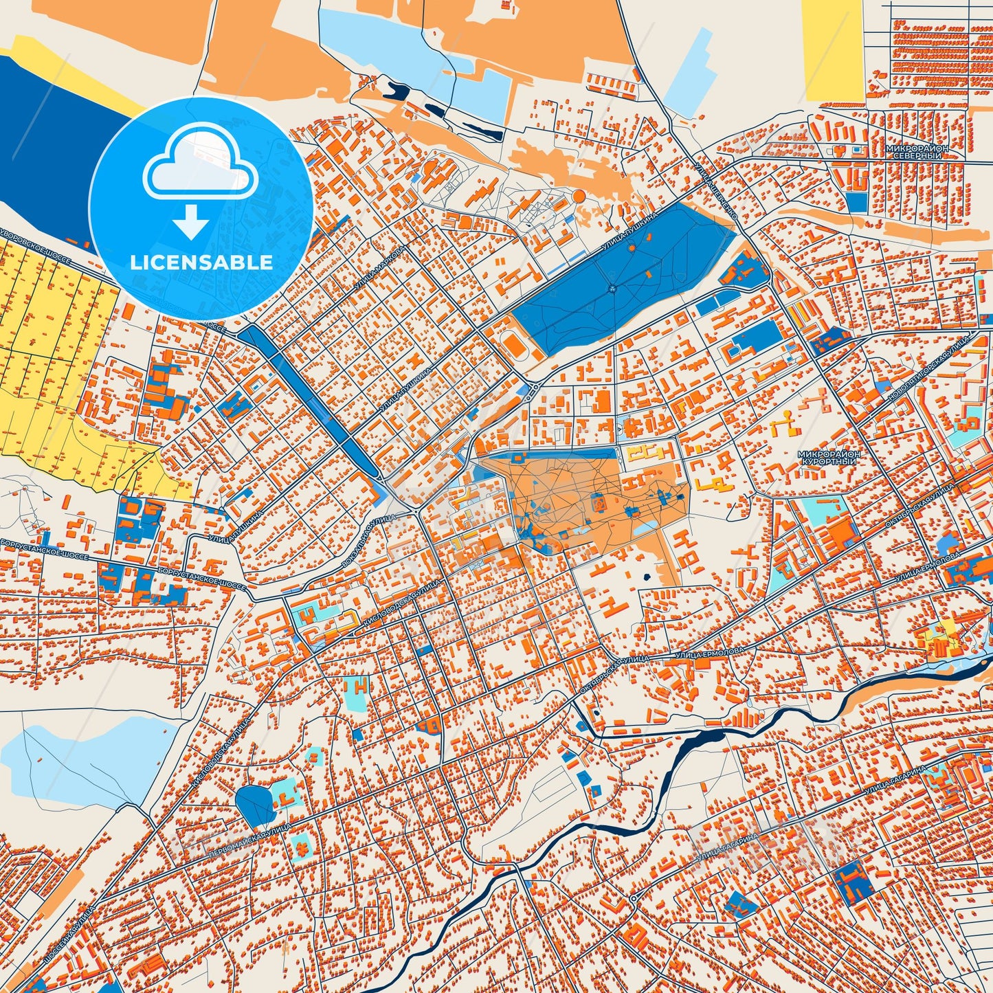 Colorful Yessentuki Street Map with Labels and Buildings